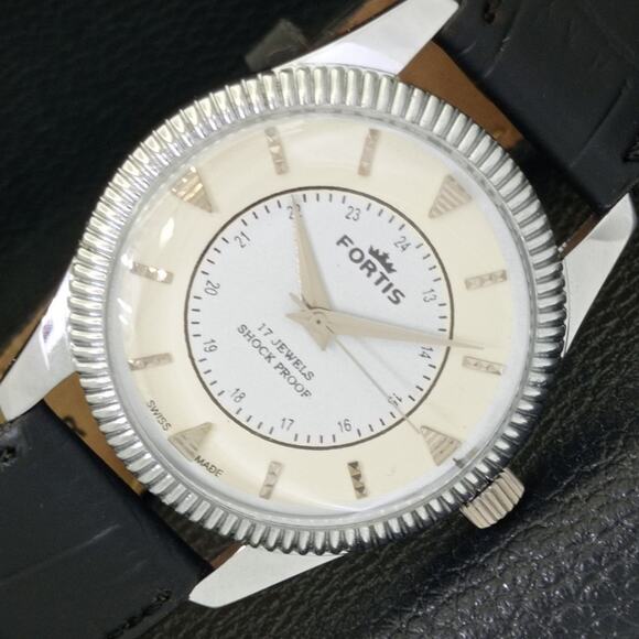 Vintage 1978 Fortis Manual Mens Silver Watch W/Leather Strap & White accents - Picture 1 of 9